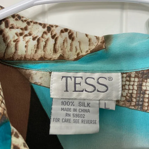 Vintage TESS women’s brown blue pattern 100% silk button front shirt‎ top large - Image 3
