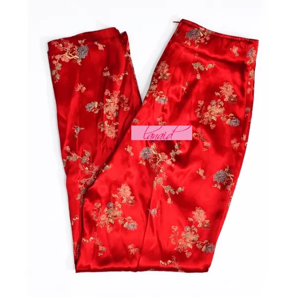 Chinese Oriental Asian Japanese Red Floral High-Rise Waist Shiny Sateen Slacks - Image 3