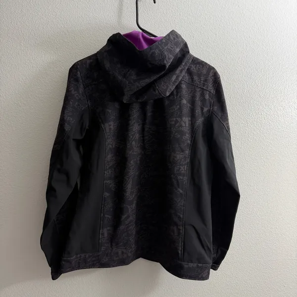 FXR Jacket Womens Size 6 Black Purple Logo Print Racing Hooded Softshell Zip Up - Image 6