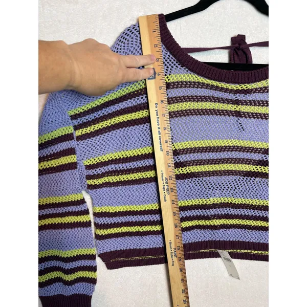 Anthropologie Striped Open Knit Cropped Sweater Open Back Tie purple L - Image 8
