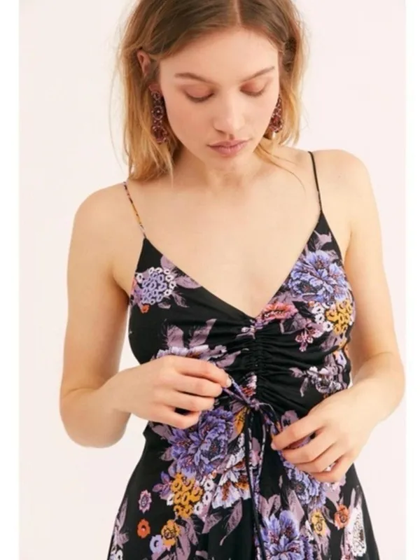 Free People Women Happy Heart Floral Mini Dress S Black Purple Ruched Tie Front - Image 9