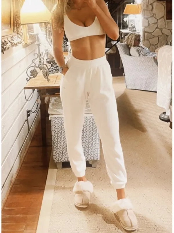 Alo Weekend Escape Joggers Ivory Waffle Thermal High-Rise Waist Cream Sweatpants - Image 9