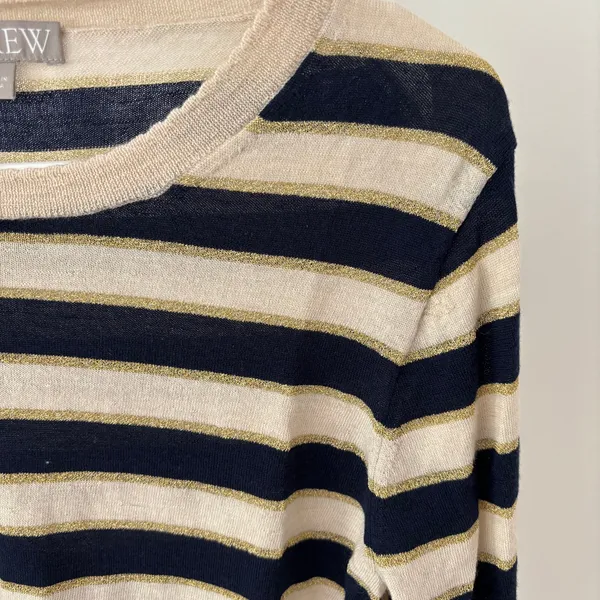 J. Crew EUC Women's Metallic Stripe Merino Wool Ruffle Sleeve Sweater Size L - Image 4