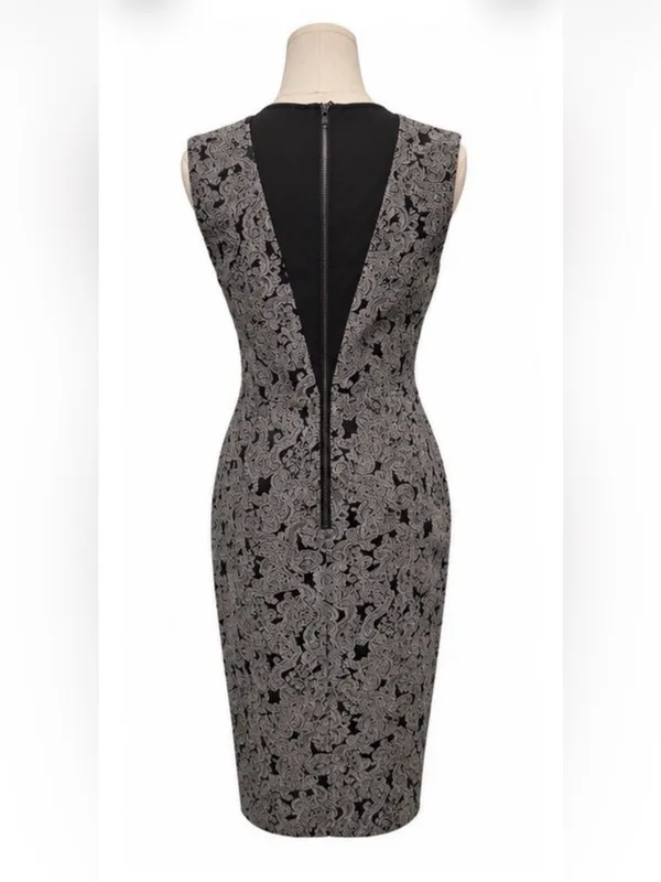 Alice + Olivia Gray Black Brocade Lace V-Neck Sheath Dress Medium - Image 3