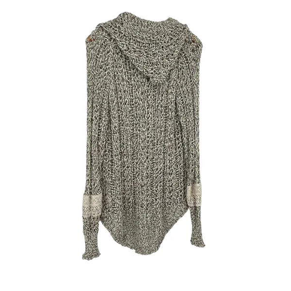 POL Hooded‎ Open Knit Lace Kangaroo Pocket Cuff Long Sleeve Pullover Size L - Image 2