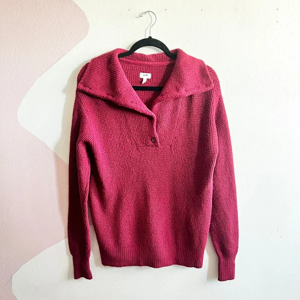 Aerie CozyUp Waffle Button Sweater‎ Oversized Cozy Burgundy Size XXS - Image 2