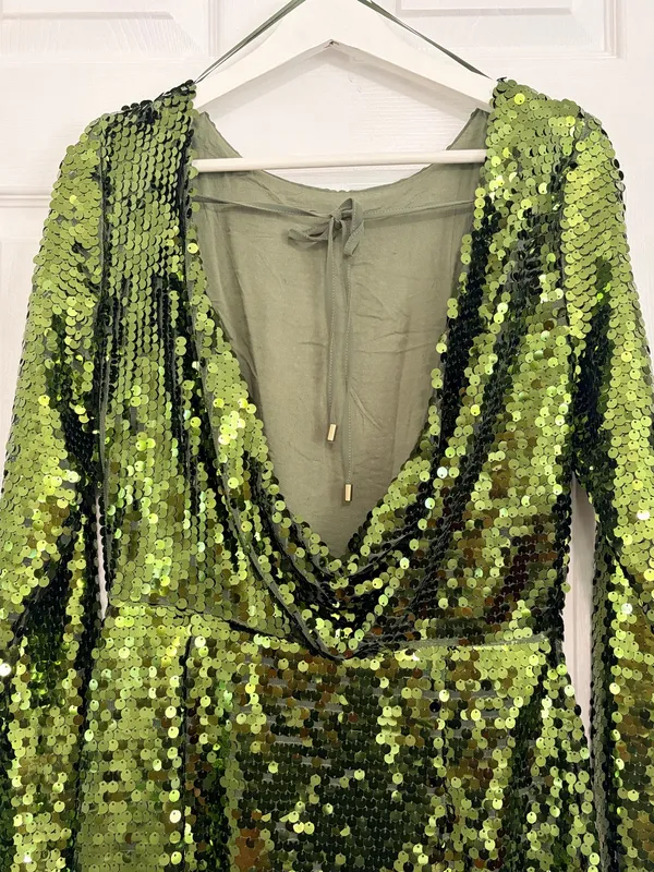 Anthropologie Green Sequin Mini Dress US 4 Party Cocktail Glam Open Back Long Sleeve - Image 9
