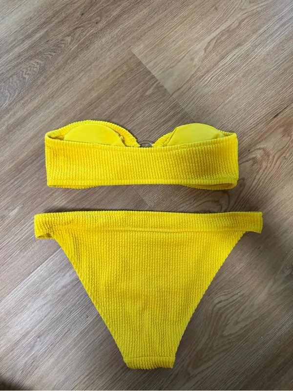 aerie Yellow Textured Bandeau Bikini Set with Ring Detail - Image 2