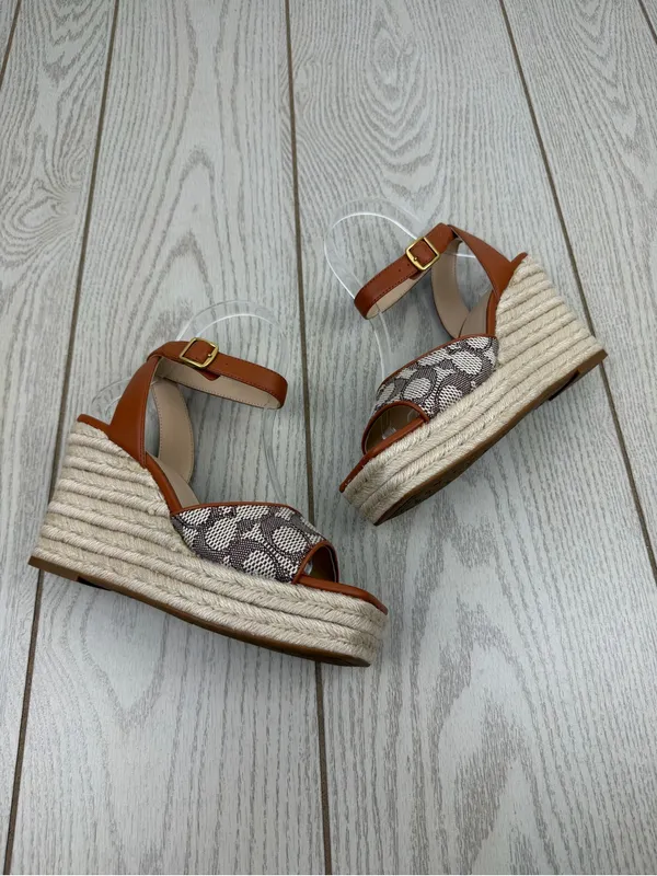 Coach Women's Signature Jacquard Espadrille Wedge Sandals 6.5B Cocoa Amber $175 - Image 3