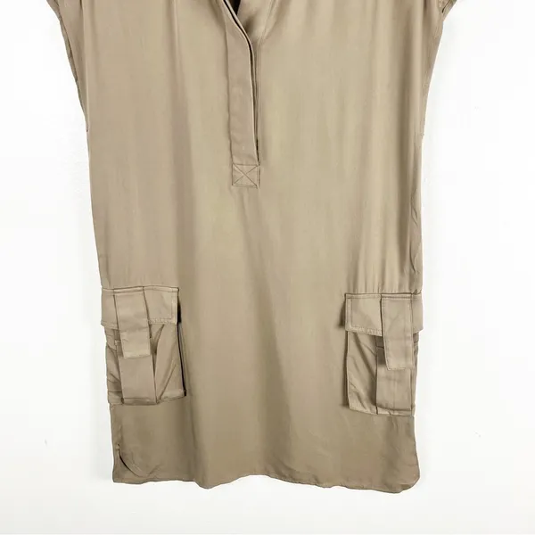 LULUS Sahara Khaki Short Sleeves Cargo Pockets Shift Safari Dress, Size Small - Image 6