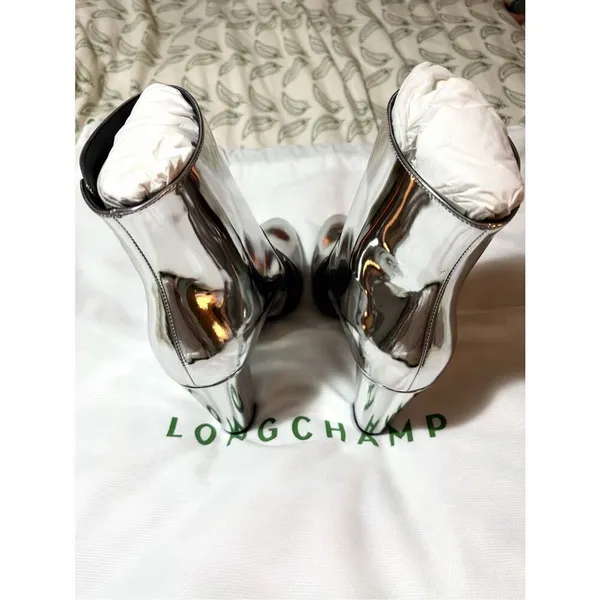 Longchamp Mirror Metallic Silver Logo Heeled Ankle Boot Designer 37 - Image 5