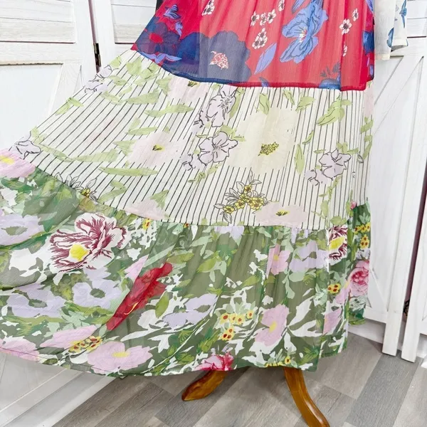 Kaktus Maxi‎ Dress Small Floral Patternblock Patchwork Tiered Cottagecore Boho - Image 7