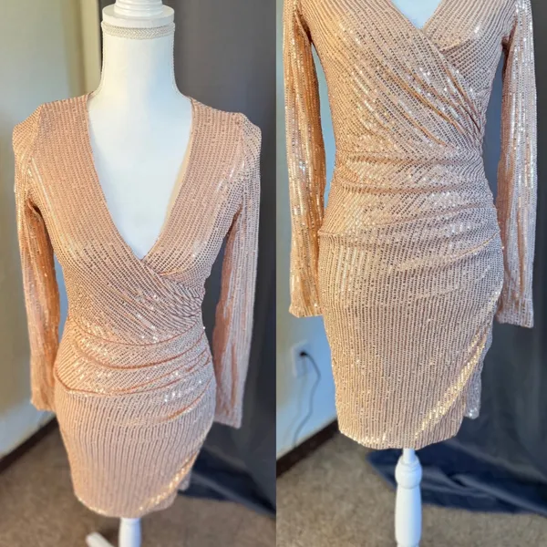 NWT Miss Ord Rose Gold Sequin Mini Dress S Glam Party Cocktail Y2K - Image 4