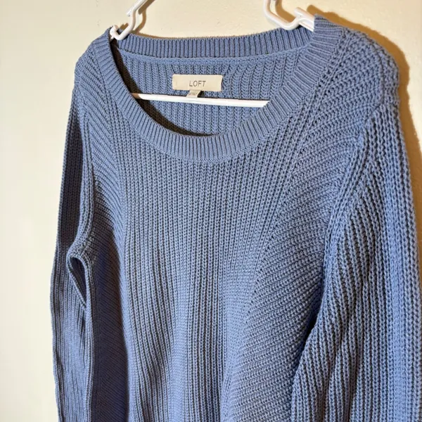 LOFT Blue Crew Neck Long Sleeve Knit Sweater‎ Ribbed Casual Size Medium - Image 3
