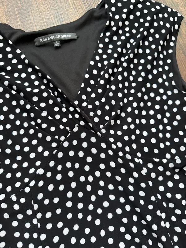 Jones Wear Black White Polka Dot Midi Dress V-Neck Fit and Flare Stretch- Size 6 - Image 5