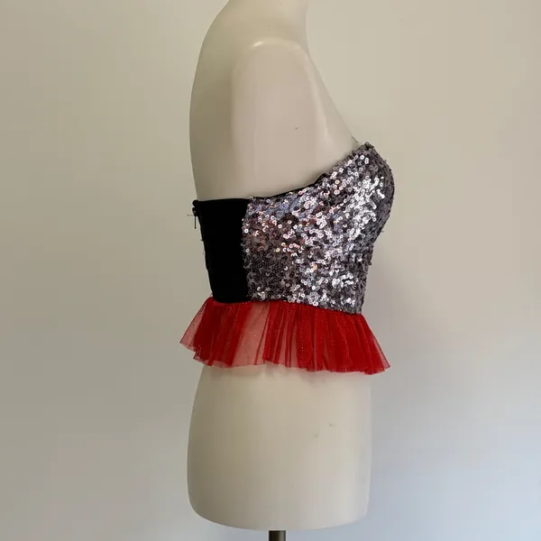 Wet Seal Sequin Strapless Peplum Corset Top Medium Silver Red Y2K Part Festival - Image 4