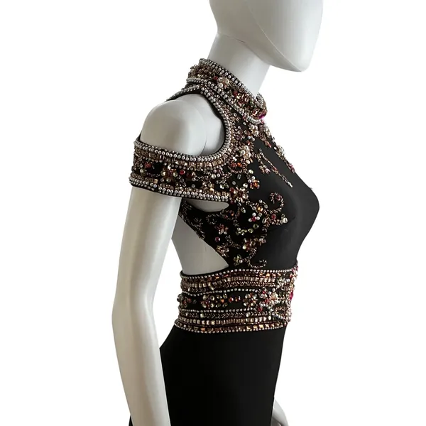 Mac Duggal Womens Black Beaded Cold Shoulder Open Back Evening Gown‎ Size 0 - Image 5