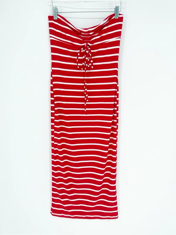 NWT Commense Striped Strapless Midi Tube Dress Women's M Red‎ White Coastal - Image 2