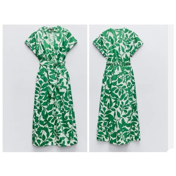 Coastal White Green Botanical Cotton Maxi Shirt Dress Belted Pockets Zara M - Image 2