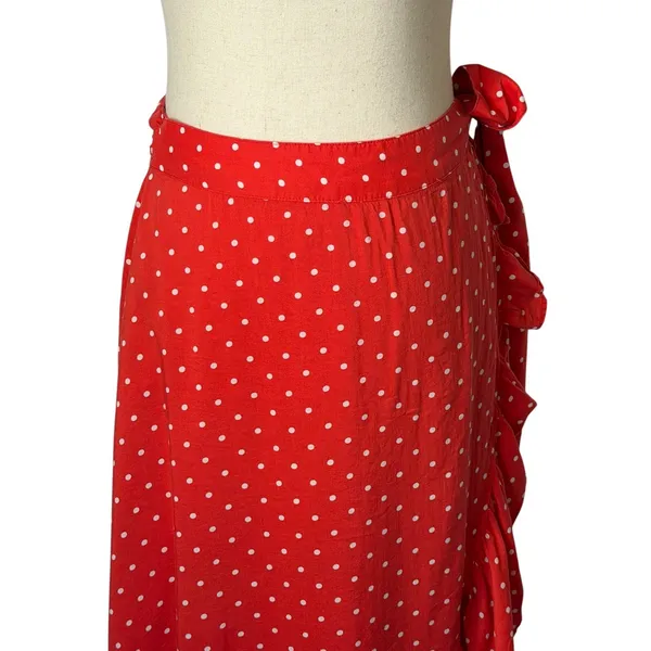 Draper James‎ Wrap Midi Skirt Women Medium Red Polka Dot Ruffle Trim Preppy Boho - Image 5