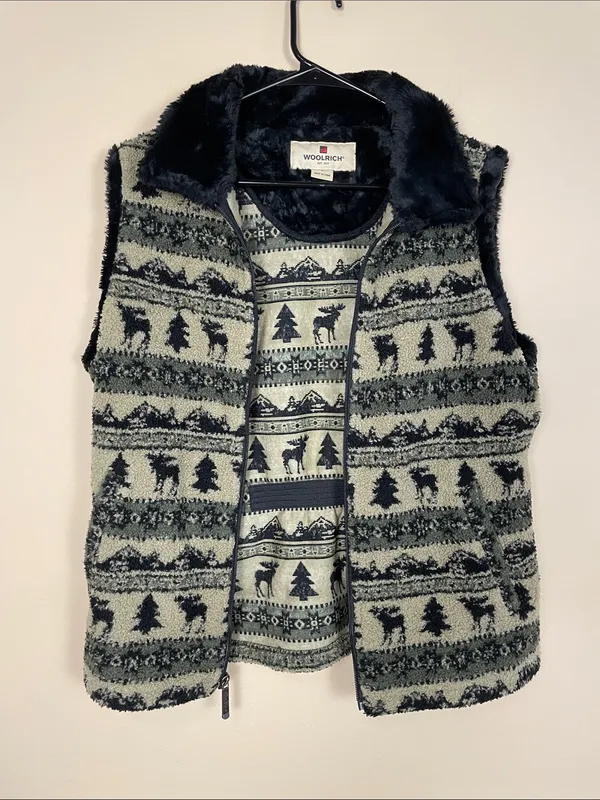 Woolrich Women’s Sherpa Faux Fur Moose Stripe Green Black Tan Zip-Up Vest - Image 5