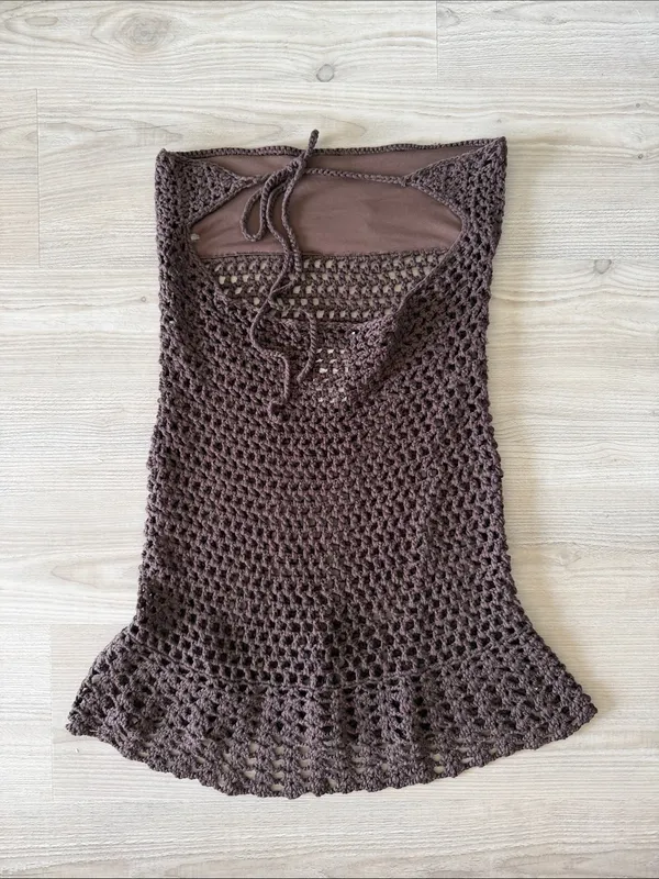 Peppermayo Crocheted Brown Strapless Dress with Flared Hem Coverup - Image 4