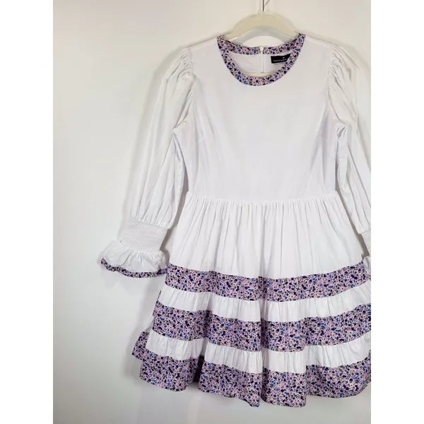 Tuckernuck Pomander Place Mini Dress White Floral Tiered Fran Puff Sleeve XS - Image 5