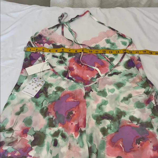 In Bloom Watercolor Floral Lace-Trim Chemise in Pink & Green - Image 6