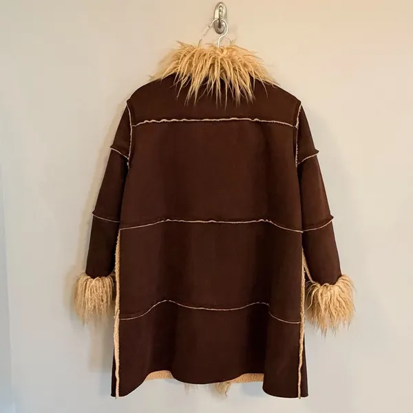 Y2K Faux Suede Penny Lane Coat Size M Faux Fur Trim Phoebe Buffay Boho Hippie - Image 3