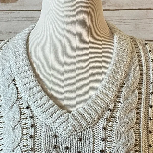 Abercrombie & Fitch cream classic preppy beaded cable knit sweater - Image 2