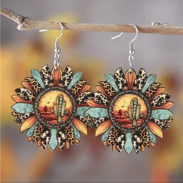 Sunflower shaped pendant drop‎ leopard pattern wooden hook earrings - Image 7
