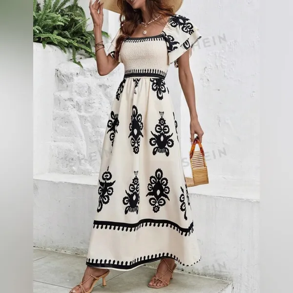 SheIn Clasi holiday & leisure Bohemian print waist drawstring dress - Image 3