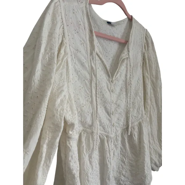 Old Navy Cream Embroidered Tie-Neck Blouse Balloon Sleeve Women’s Size L Peplum - Image 6