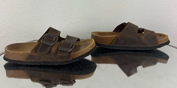 EASTLAND Vintage 90s Womens Brown Leather Dual Strap Buckle Slip On Sandals - Image 2