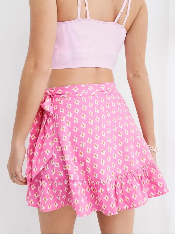 Aerie Pink Linen Blend Wrap Mini Skirt Ruffle Hem Cottagecore Medium - Image 2
