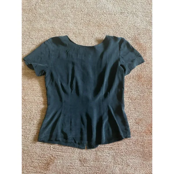 Women’s Pure Silk Ribbed Mock Neck Top Gray Short Sleeve Size 4 - Image 4