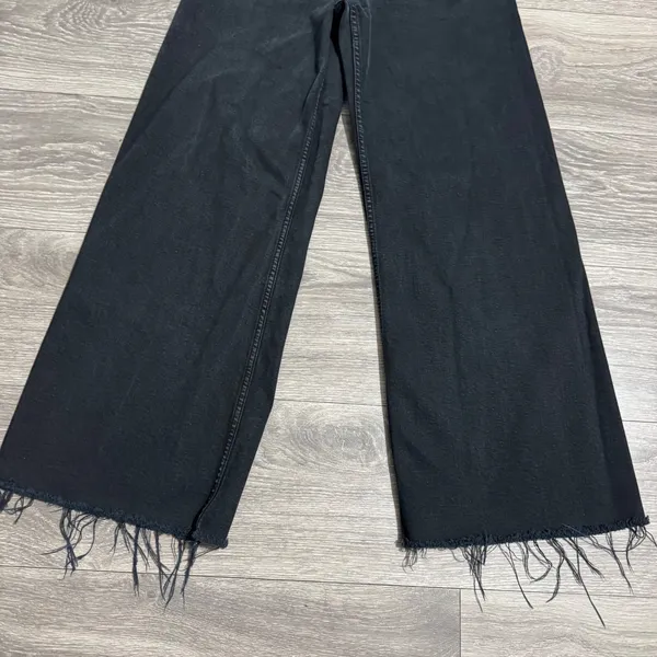 Washed Black High Rise Wide Leg Raw Hem‎ Jeans Patch Pockets 26W L28 Bohemian - Image 7