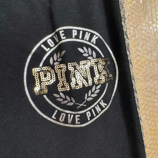 PINK Victorias Secret Sequin Bling Silver Black Gold Jogger Pants Medium - Image 3