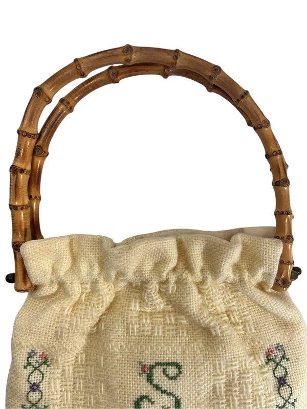 Vintage Monogram “S” Embroidered Cross Stitch Bamboo Handle Cottagecore Bag - Image 5