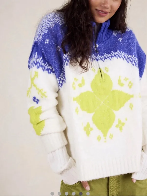 Free People Mythical Knit Sweater Printed Hearts Zip Blue Yellow Combo - Image 2