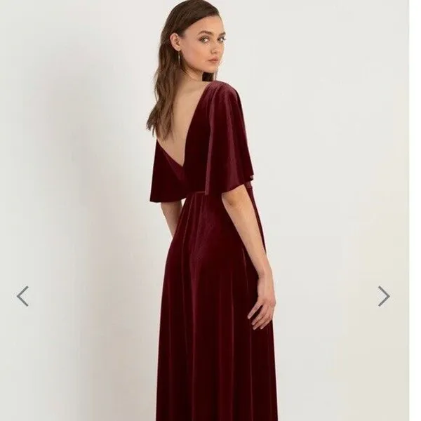 NWT Jenny Yoo Marin Velvet Flutter Sleeve Gown Women's Burgundy Size 12 - Image 2
