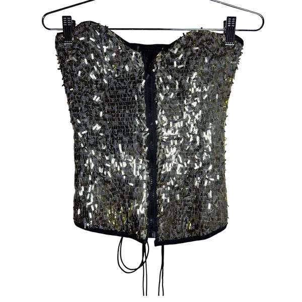 Bell Uniform Design Gold Sequin Corset Top Lace Up Back Sweetheart Small - Image 2