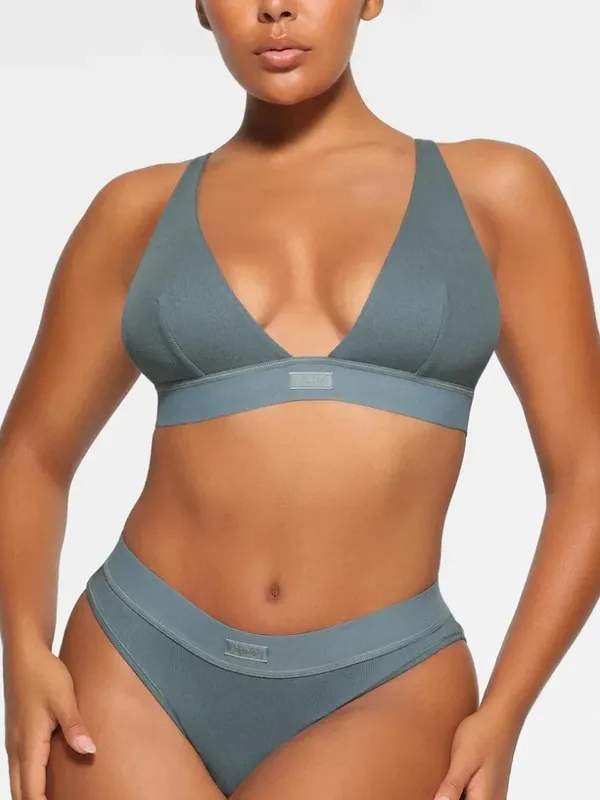 SKIMS Cotton Rib Plunge Bralette Blue Size Medium Light Support Lounge Bra M⁠ - Image 3