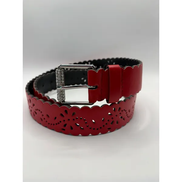 Red Scalloped Laser Cut‎ Floral Belt Rhinestone Buckle XL Sparkly Coquette - Image 6