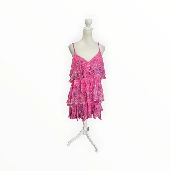 Hemant & Nandita Pink Floral Ruffle Tiered Mini Dress NWT S - Image 2