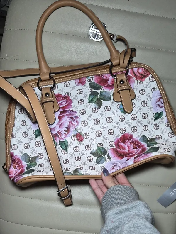 Giani Bernini Floral Logo Bag Purse Satchel in Tan and Pink Shoukder Crossbody - Image 6