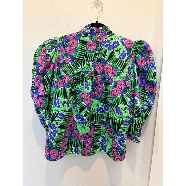 Hunter Bell Azalea Print Floral Puff Sleeve Blouse Green Pink Blue Small - Image 2