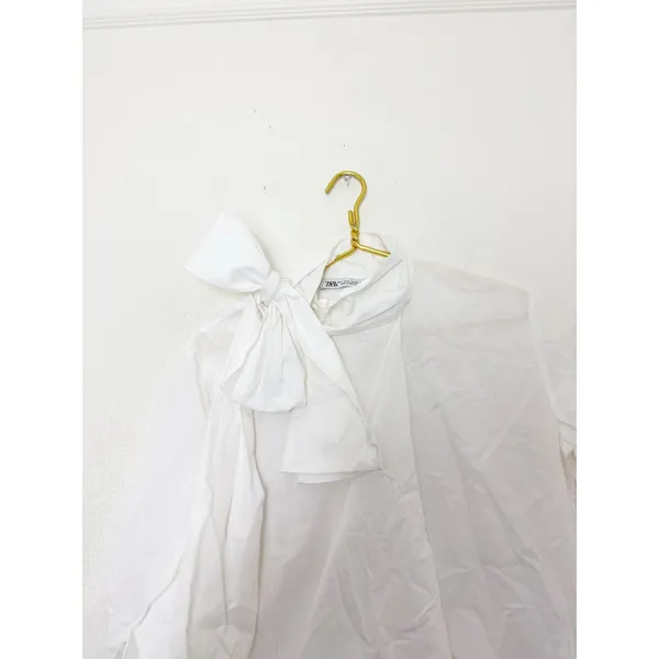 Zara White Poplin Tie Neck Oversized Blouse Size Small 8775/545 Chic Preppy - Image 5