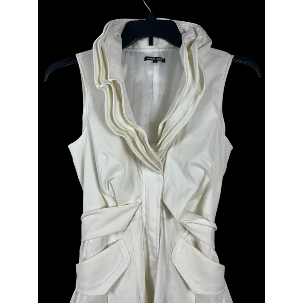 Samuel Dong Bubble Hem Dress M Ivory Ruffle Draped Collar Belted Cocktail - Image 2