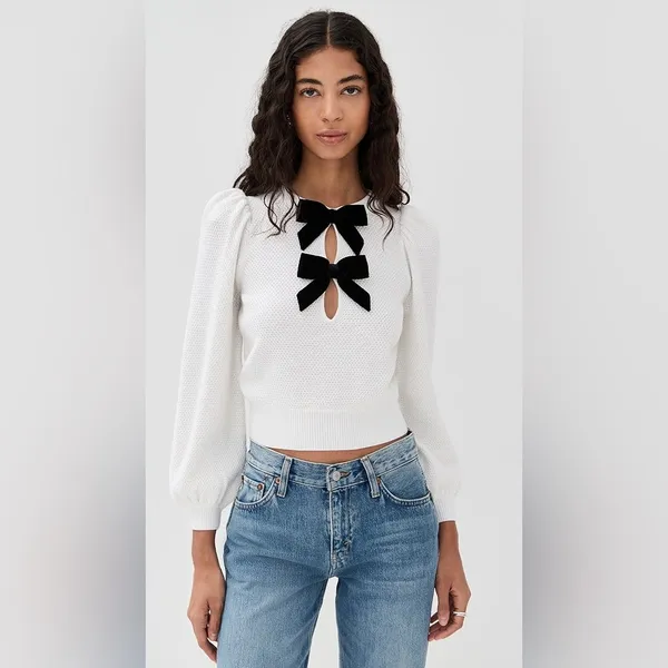 Alice + Olivia Doris Pointelle Pullover in Soft White XS - Image 6